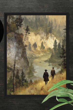 two cowboys, one sasquatch framed canvas print