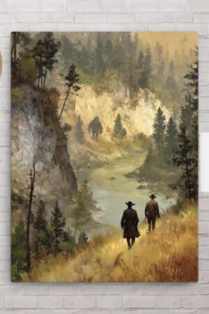 two cowboys, one sasquatch canvas print